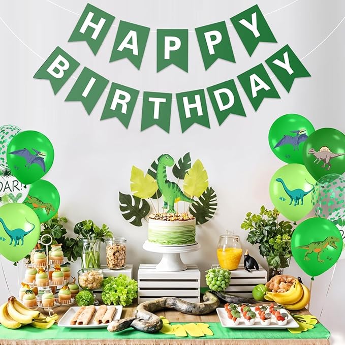 Dinosaur Balloons, 12 Inch Fruit Lime Dark Green White Confetti Balloons with Dinosaur Printed Pattern for Boys Jungle Theme Birthday Party Safari Woodland Baby Shower Decorations