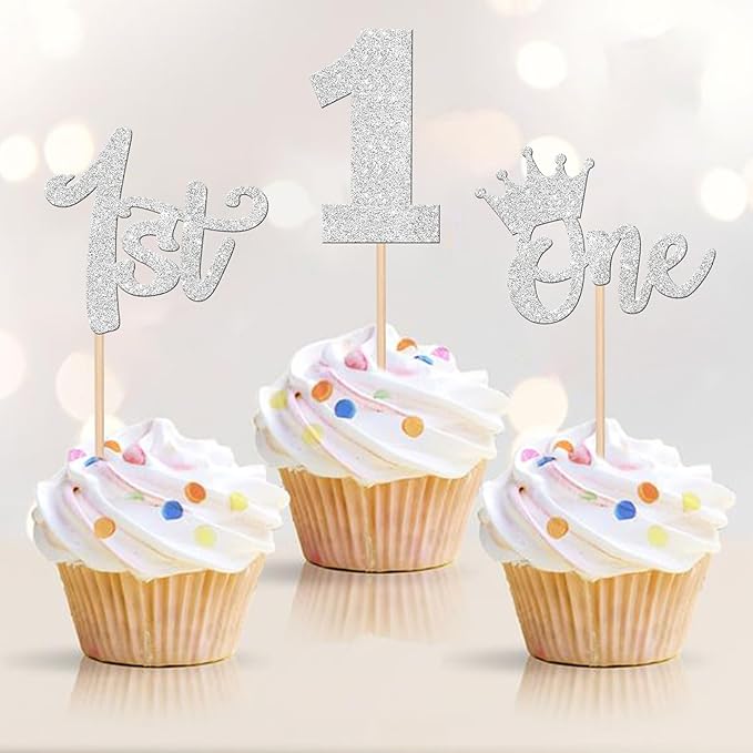24 PCS 1st Birthday Cupcake Toppers - Glitter Wild One Cupcake Picks Crown - Boho Theme Party Cake Decorations - Silver