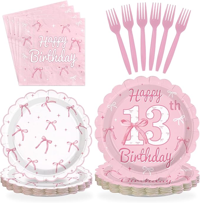 96Pcs Pink Bow Party Supplies Coquette 13th Birthday Party Plates and Napkins Disposable Bow Themed Tableware Set for Girl Happy 13th Birthday Baby Shower Decorations, Serves 24