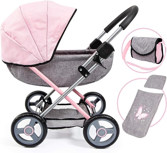 Bayer: 4-in-1 Toy Baby Doll Pram Stroller Cosy Set - Dolls Up to 18" (Pink/Grey) | Baby Dolls | Pretend | Dress up | Accessory
