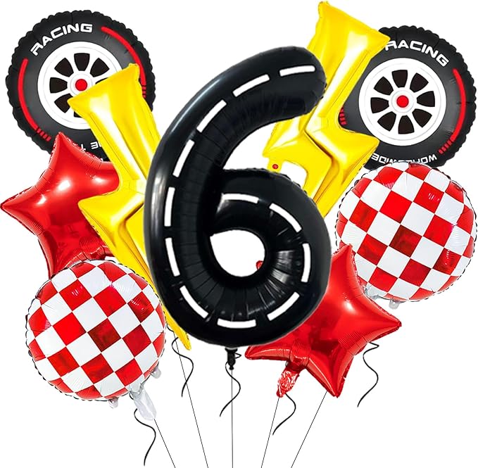 Race Car Birthday Party Decorations Large Lightning Bolt Foil Balloons Race Car Balloons 40 Inch Racetrack Number 6 Balloon for Boys 6th Race Car Birthday Party Decor Supplies