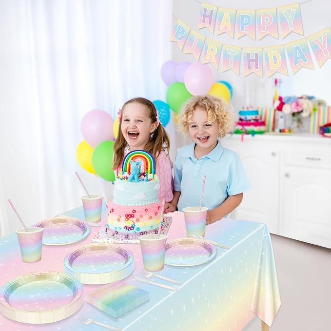 Pastel Rainbow Birthday Party Supplies, Includes Happy Birthday Banner, Tablecloth, Plates, Napkins, Cups, Knives, Forks, Spoons, Straws for Girls Birthday Party Decorations, Serves 20 Guests