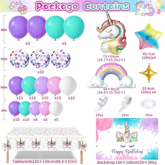 Unicorn Birthday Decorations Party Supplies for Girls, Purple Unicorn Balloon Arch with Backdrop Tablecloth Rainbow Star Foil Balloons, Princess Girls Unicorns Party Decorations Supplie