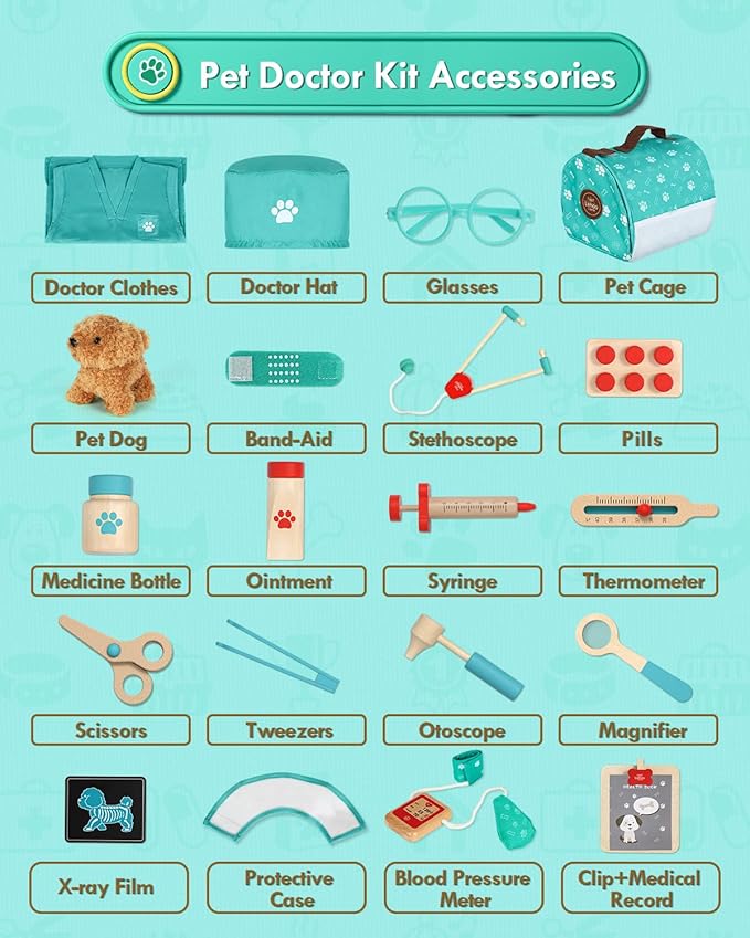 Lehoo Castle Wooden Doctor Kit for Kids, Vet Play Sets, Veterinarian Kit Pretend Play Doctor Set with Dog Bag, Medical Kits Doctor Toys Gift for Boys Girls Aged 3 4 5