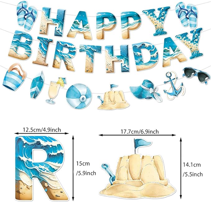 Zwiebeco Blue Sea Happy Birthday Party Decoration Banner Bunting Garland Hanging Paper for Boys Girls Men Women Kids Adults Summer Beach Ocean Themed Birthday Decor Accessories Supplies