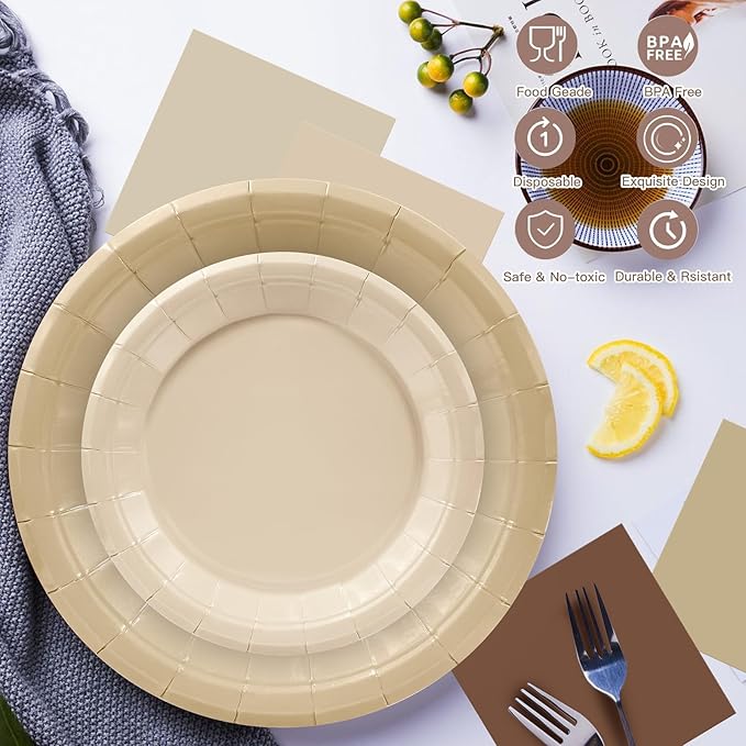 180pcs Gradient Brown Plates and Napkins Party Supplies,Brown Theme Birthday Party Paper Plates and Napkins Set,for Boho Baby Shower Wedding Gathering Party Decorations,Serve 60 Guests