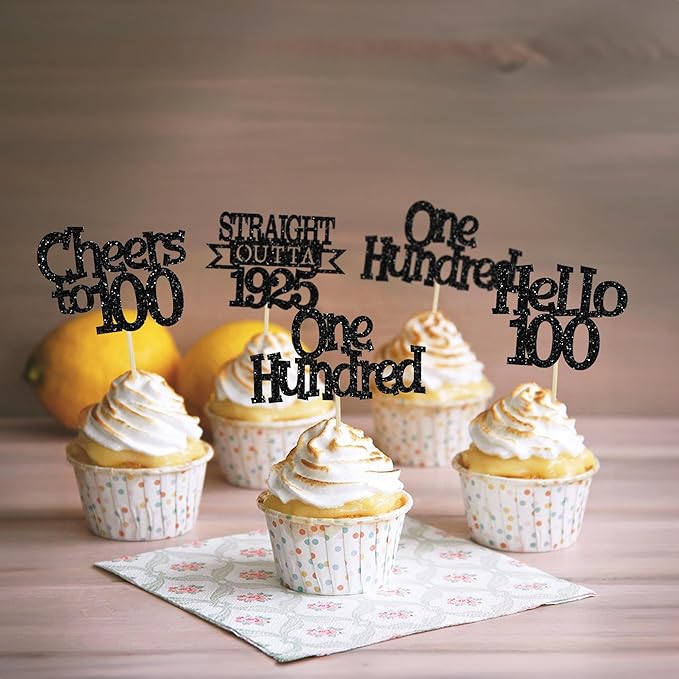 Ephlyn 24Pcs Happy 100th Birthday Cupcake Toppers Glitter Straight Outta 1925 Cupcake Picks Hello 100 Cheers to 100 Years Birthday Cake Decorations for 100th Birthday Anniversary Party Supplies Black