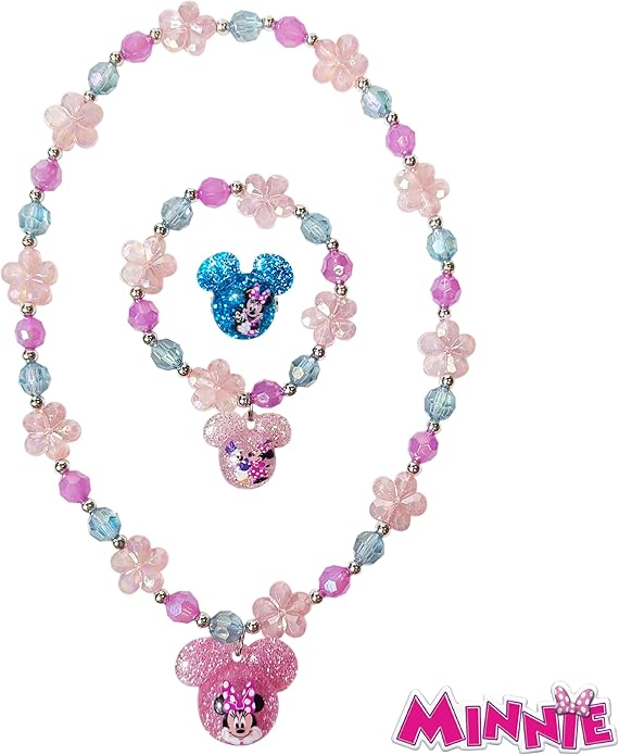 LUV HER Disney Minnie Girls Jewelry Set - Dress up Toy Jewelry Box Sets with Bead Necklace, Bead Bracelet and Ring - Play Accessories - Ages 3+