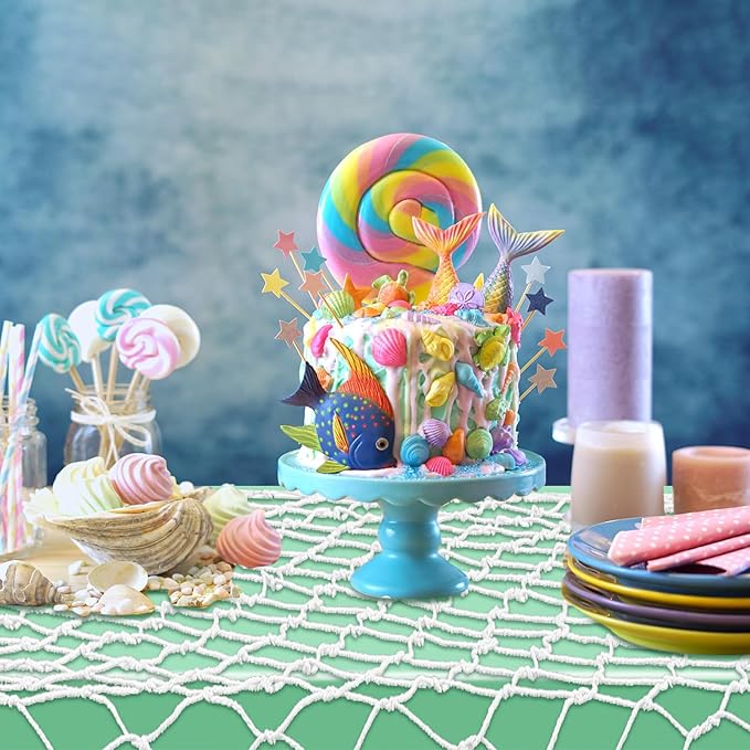 Unittype 10 Pcs Fish Net Decorative and Tablecloth Set, Cotton Fishnet and Plastic Table Cover Decorations Set for Nautical Themed Party Baby Shower Pirate Decorations Mermaid Party (Mermaid Colors)