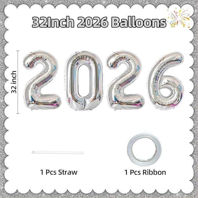KALOR 32 Inch 2026 Silver Foil Number Balloons, 2026 New Years Decorations for 2026 Happy New Year Eve and Graduations Party Supplies