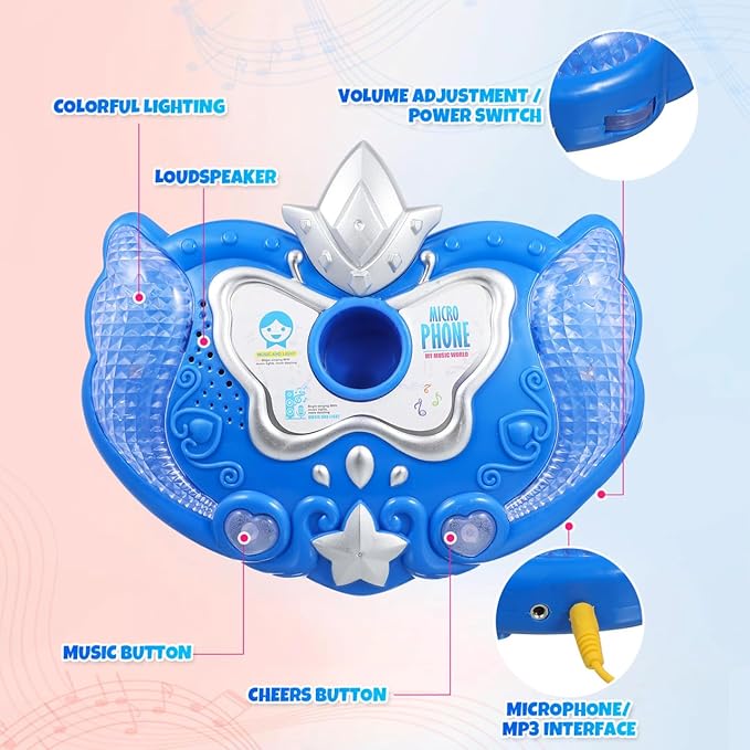 Musical Toys Karaoke Machine for Kids with Adjustable Stand and Microphones,Music Sing Microphone Toy with Flashing Stage Lights(Blue,Without Battery)