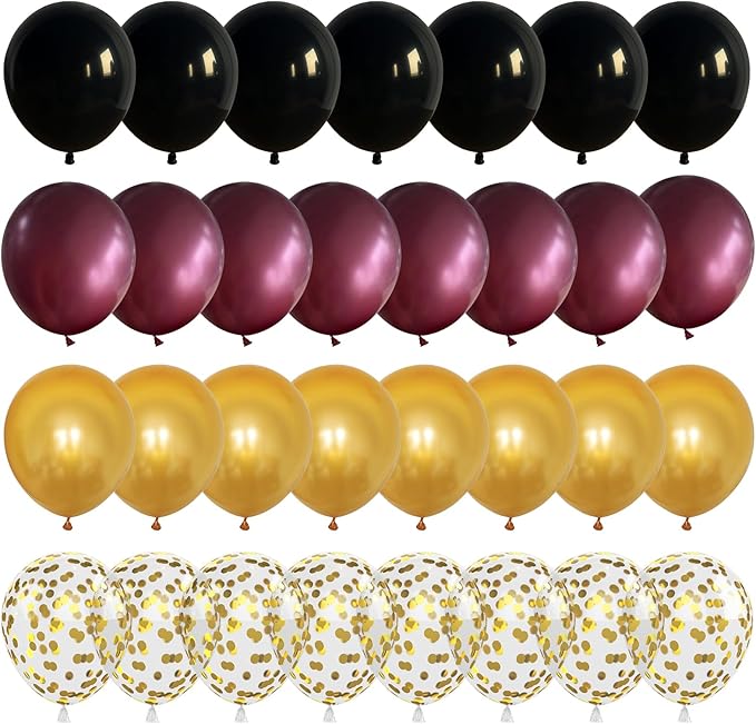 Black Burgundy Gold Balloons, 60Pcs Maroon Black Metallic Gold Confetti Balloon, 12Inch Pearl Burgundy Yellow Latex Balloons for Kids Cartoon Birthday Baby Shower Graduation Party Decorations