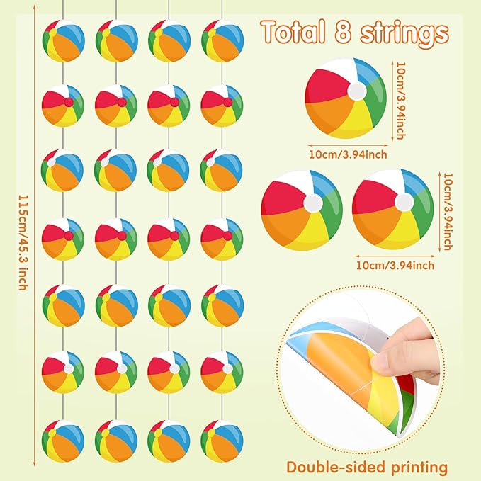 8 Pieces Beach Ball Garland Summer Pool Party Hanging Banner Decorations Pool Ball Paper Cutout Garland Room Wall Decor for Hawaii Beach Birthday Baby Shower Party Favors Supplies