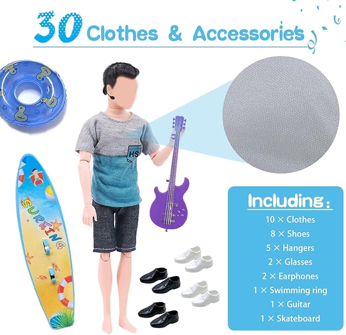 33 PCS Doll Clothes and Accessories Doll Including 5 Tops 5 Pants Casual Wear in Random 4 Pair of Shoes Hangers Glasses Earphone Guitar Surfboard Swimming Ring for 12 Inch Boy Doll