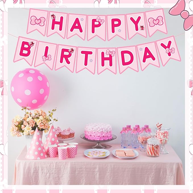TaoBary Pink Cute Kitty Happy Birthday Banner Pre-strung Hanging Sign Cartoon Cute Cat Party Decorations Cartoon Kitty Themed Party Decorations Banners for Girls Women Birthday Favors Supplies