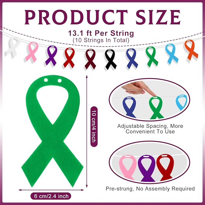 VitalCozy 10 Pcs Ribbon Awareness Banner 13.1 ft Ribbon Garland Cancer Awareness Decor Cancer Free Decorations for Society Events Groups Fundraisers Party Supplies (Multicolor)