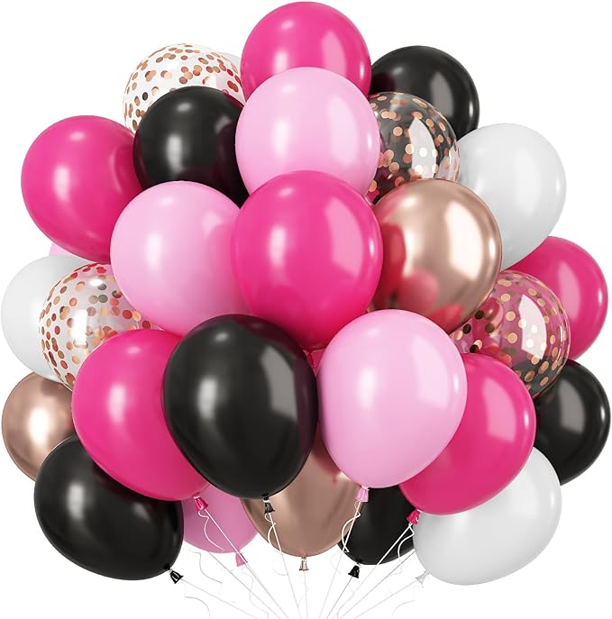 Pink and Black Balloons, 60PCS 12 Inch Hot Pink and Black Balloon Rose Gold Confetti Balloons for Hot Girls Women Birthday Party Baby Bridal Shower Party Decorations