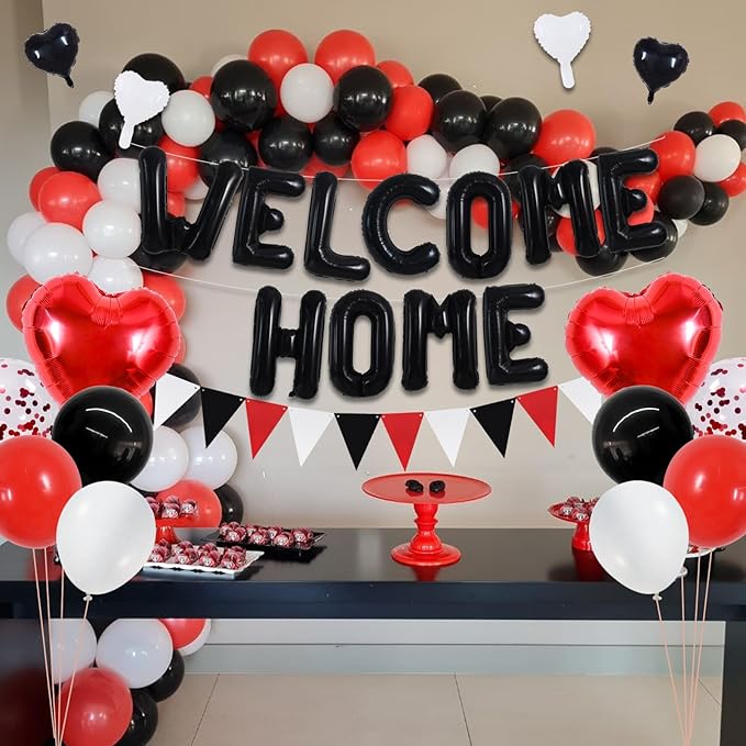 TONIFUL Welcome Home Decorations,16Inch Black Welcome Home Foil Balloon Banner Red Black Confetti Balloons Pennant Flag Bunting for Homecoming Party House Warming Party Family Gathering Supplies
