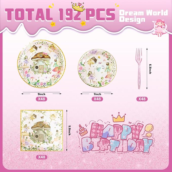 192 Pcs Fairy Party Tableware Set (Serves 48 Guests), Plates, Napkins, Forks, Enchanted Garden Theme for 1st Birthday, Baby Shower, Girls Fairy Party Decorations
