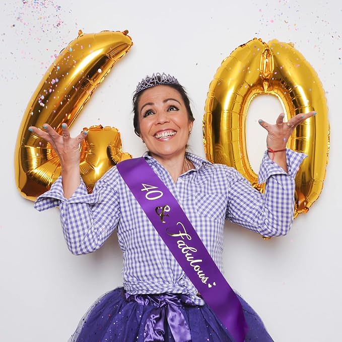 CIEHER Purple 40th Birthday Celebration Kit - 40th Birthday Sash and Tiara Set, Party Favors, Decorations and Cake Topper