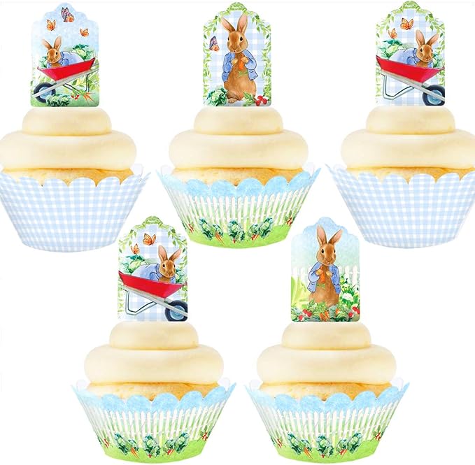 Peter Cupcake Toppers and Wrappers - 24 Cupcake Toppers and 24 Cupcake Wrappers - Rabbit Party Supplies - Peter Party Decorations - Blue Cupcake