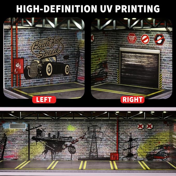 1/64 Hot diecast Wheels Cars Display case - 1/64 Scale Model Cars scenarios Display Box with LED Light and Acrylic Cover, Scenes Parking lot Diorama Storage Garage 6 Parking Spaces (Industry)