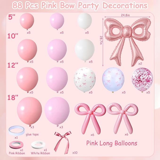 88Pcs Pink Bow Confetti Balloons, Huge Pink Bow Aluminum Foil Balloons Helium Latex Balloon for Birthday Baby Shower Wedding Engagement Bridal Bachelorette Princess Coquette Party Decorations Supplies