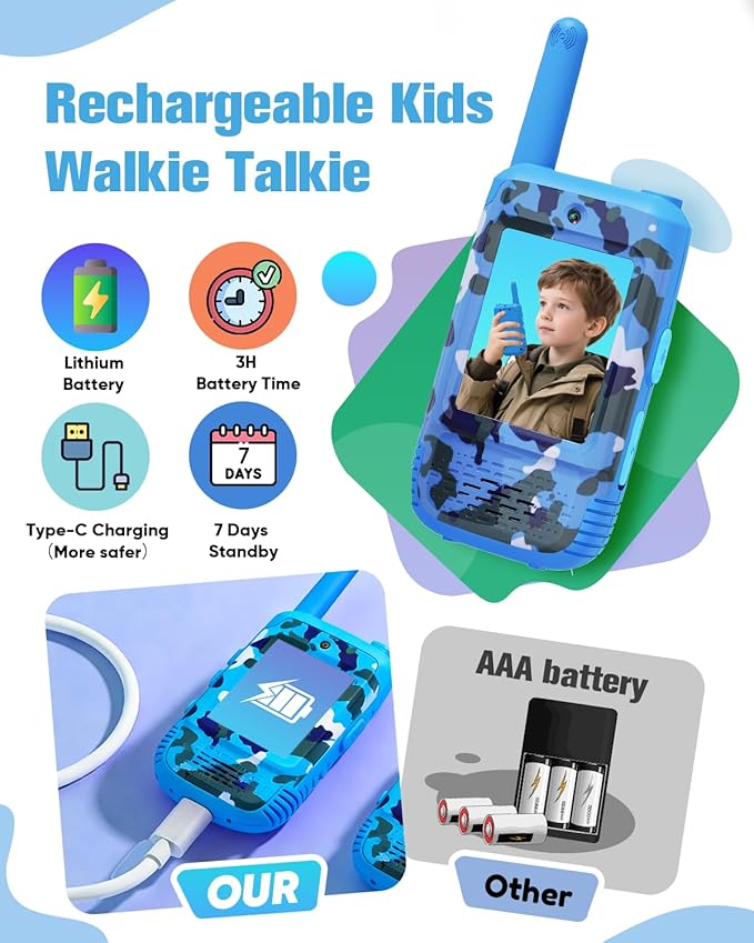 Video Walkie Talkies for Kids with Voice Changer, 2 Pack Rechargeable Kids Walkie Talkies, Outdoor Play Toys Birthday Gifts for 3-12 Year Old Boys Girls, Camping Hiking Family Games