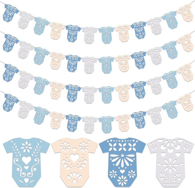 4 Set Cielito Lindo Baby Shower Garland 48 Pcs Blue Papel Picado Party Decorations Mexican Lace Baby Bodysuit Banner Card with Hanging String for Gender Neutral Party Supplies