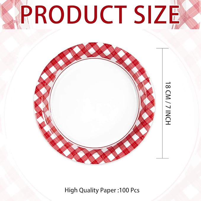100 Pcs Red Gingham Paper Plates 7" Heavy Duty Red and White Buffalo Checked Plaid Dessert Plates Disposable Gingham Party Supplies for Summer Pizza BBQ Picnic Baby Shower Birthday Party Decorations