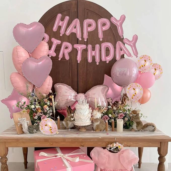 27 Pcs Pink Birthday Decorations, 3D Foil Pink Happy Birthday Balloon Banner, Pentagram Heart Foil Balloons Confetti Balloons Kit For Boys Girls Birthday Party Supplies