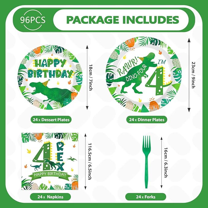 Grencian 96Pcs Dinosaur 4th Birthday Decorations Dinosaur 4th Birthday Plates Roar Im Four Paper Tableware Set for Boys Dino Four Year Old Birth-day Party Decorations, Serves 24