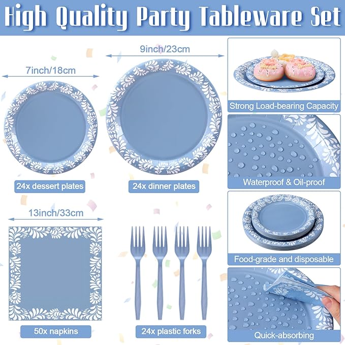 122 Pcs Blue Cielito Lindo Baby Shower Decoration Platos De Barro Mexicanos Fiesta Talavera Paper Plates Mexican Napkins Forks Tableware Set for Birthday Weeding Party Supplies, Serve 24