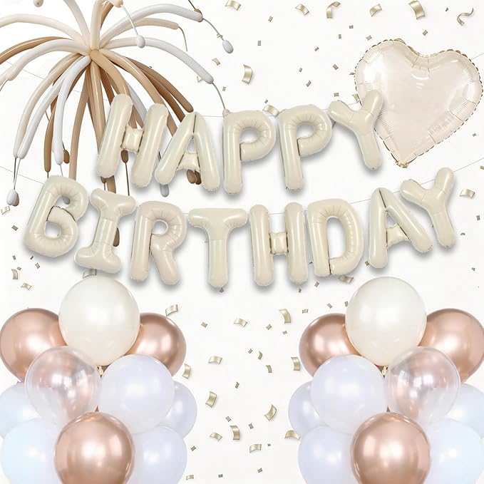 Milk White Happy Birthday Banner Balloon Aluminum Foil 16in Letter, 12in Latex Balloons, 11.8in Long Balloons, 16in Love Heart Aluminum Foil Balloon, Men, Women, Party Decoration Supplies (Milk White)