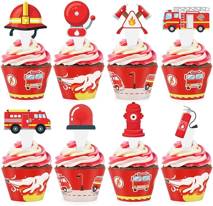 48 Pack Fire Truck Cupcake Toppers and Wrappers, Firefighter Fireman Party Cake Decoration for Firefighting Theme Birthday Party Baby Shower Supplies
