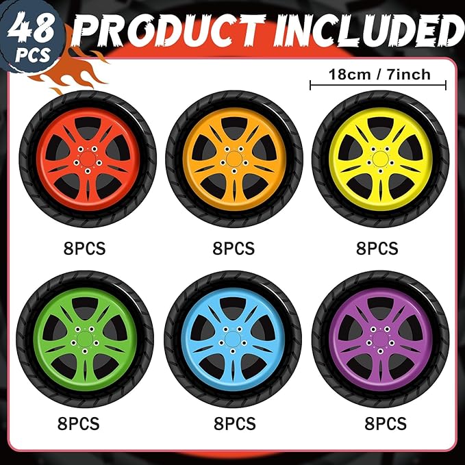 48Pcs Race Car Party Supplies Colorful Tire Paper Plates 7" Racing Sports Themed Dessert Plates Racing Truck Themed Party Decorations for Kids Boys Birthday Baby Shower Favors Serves 48 Guests