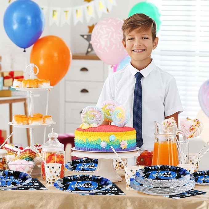 96 Pcs 10th Birthday Decorations for Boys 350 GSM Blue and Black 10th Birthday Plates and Napkins Disposable Out Single Digits I'm 10 Tableware Set for Kids 10 Year Old birthday Decorations Serves 24