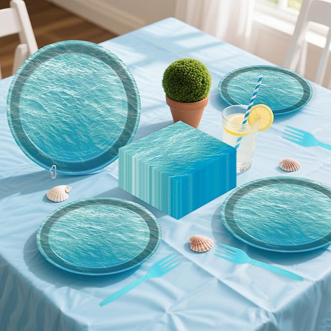 96 Pcs Ocean Sea Plates and Napkins Party Supplies, Ocean Waves Paper Plates Napkins and Forks Disposable Tableware Set for Summer Baby Shower Birthday Party Decorations Serves Serves 24 (Ocean)