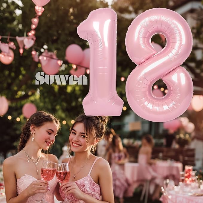 SUWEN 40 Inch Pink Large 18 Number Balloons Big Foil Helium Number Balloons 0-9 Jumbo Happy 18th Mylar Birthday Party Decorations for Girl or Women 81 Anniversary Party Supplies