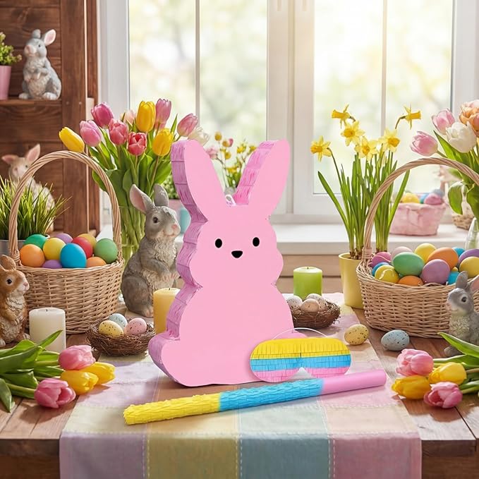 Easter Bunny Piñata with Blindfold, Bat and Filler, Funny Cute Bunny Party Favors for Cute Easter Egg Theme Adults Party Supplies Decoration