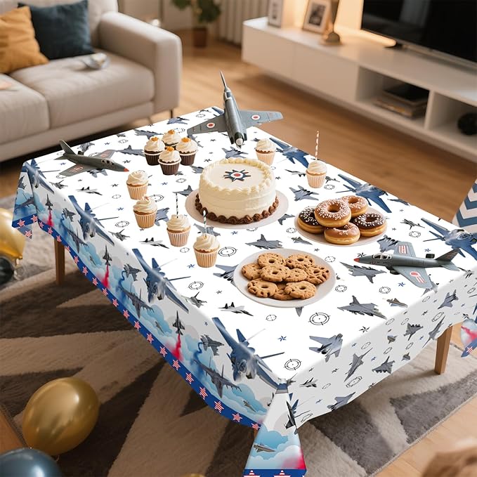 4 Pcs Fighter Jet Pilot Party Tablecloth Decorations, Waterproof Rectangular Table Cover, for Pilot Aviation Party Supplies 52 x 108 Inch