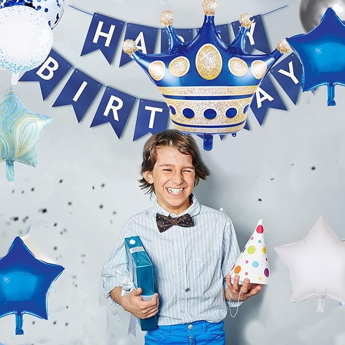 Blue Crown Balloons - Pack of 6 Foil Helium Mylar Balloons for Royal Navy Boy's Birthday or Baby Shower