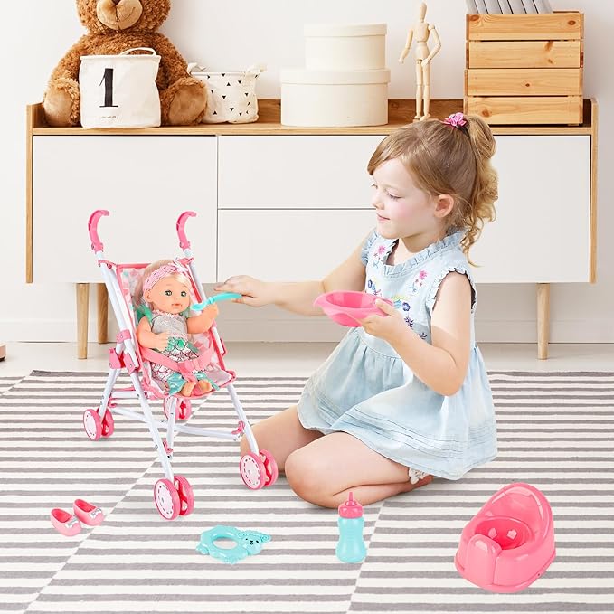deAO Baby Doll Stroller Crib Bed Nursery Role Play Set Baby Doll Accessories and Play Mat,Travel Cot,Foldable Stroller and Travel Bag Birthday for Girls Boys Kids