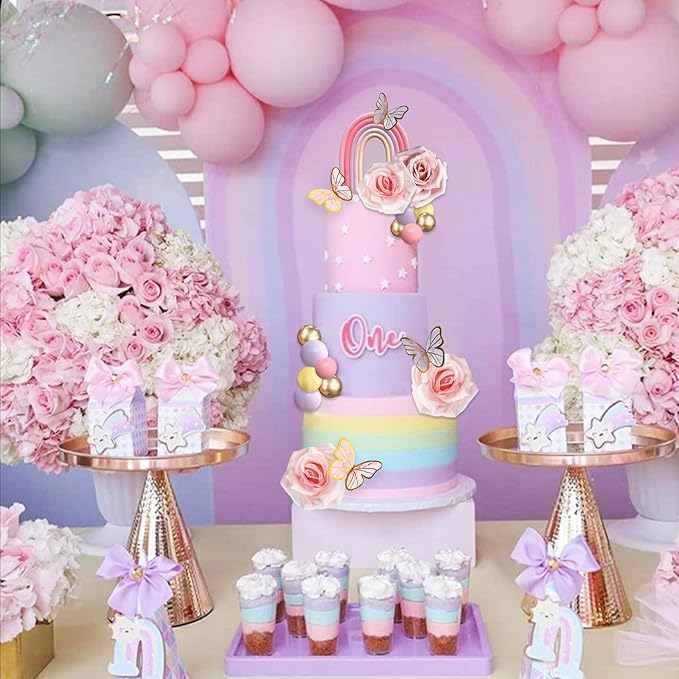 52Pcs Rainbow Cake Topper Butterflies Cake Decorations with Colorful Balls Flower Cake Toppers for Women Girls Kids Birthday Baby Shower Wedding Rainbow Flower Butterfly Themed Party Supplies