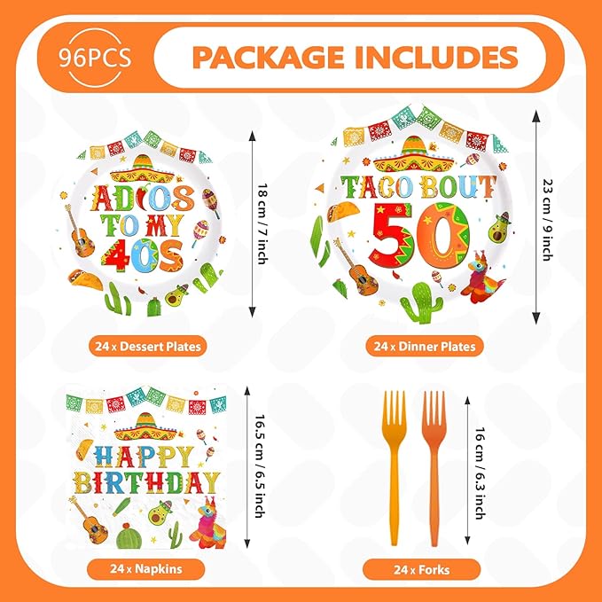 96Pcs Taco 50th Birthday Party Supplies Mexican Fiesta Adios To My 40s Plates and Napkins Disposable Mexican Tableware Sets for Adults Cinco De Mayo 50 Years Old Birthday Decorations,Serves 24