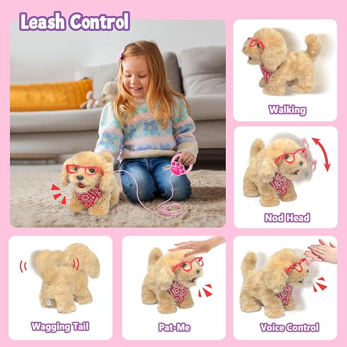 YH YUHUNG 2Pcs Walking and Barking Toy Dog with Remote Control Leash, Golden Retriever Electronic Interactive Toys for Kids - Walks, Barks, Wags Tail, Pretend Dress Up