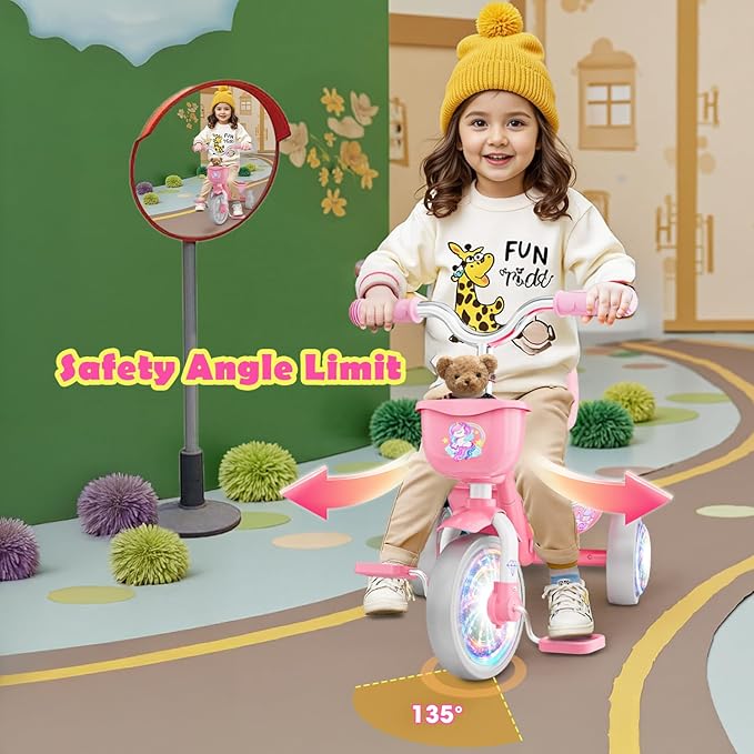 Tricycle for Toddlers 1-3 3-5 Year Olds, Unicorn Toddler Bike Baby Balance Bike with Colorful Lighting Wheels & Large Basket, Birthday Gift and Toy for 1 2 3 4 5 Year Olds Girls