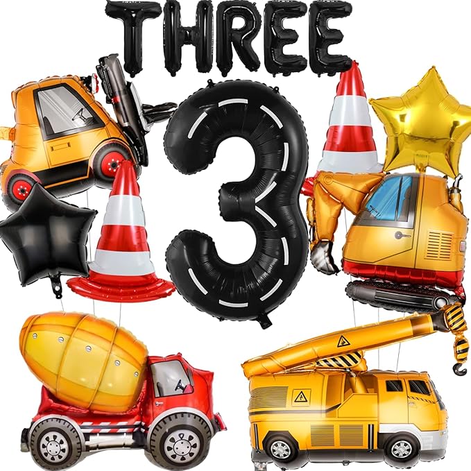 15pcs Construction Theme Birthday Party Decorations, Number 3 Large Construction Truck Traffic Cones Foil Balloon, 3rd Boy Birthday Party Decoration Supplies (3rd)