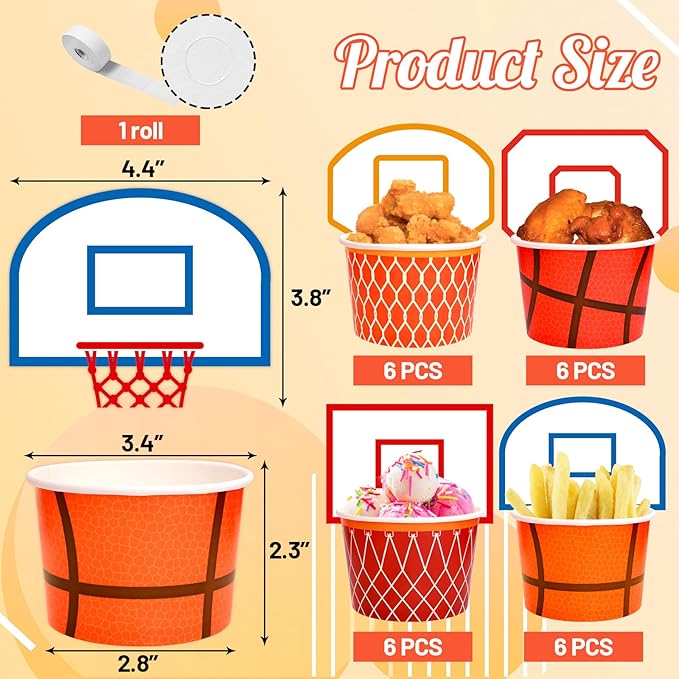WorldBazaar Basketball Party Supplies Kids 24 Sets Basketball Hoop Snack Cups Paper Snacks Bowl Disposable Ice Cream Bowls Basketball Party Decorations