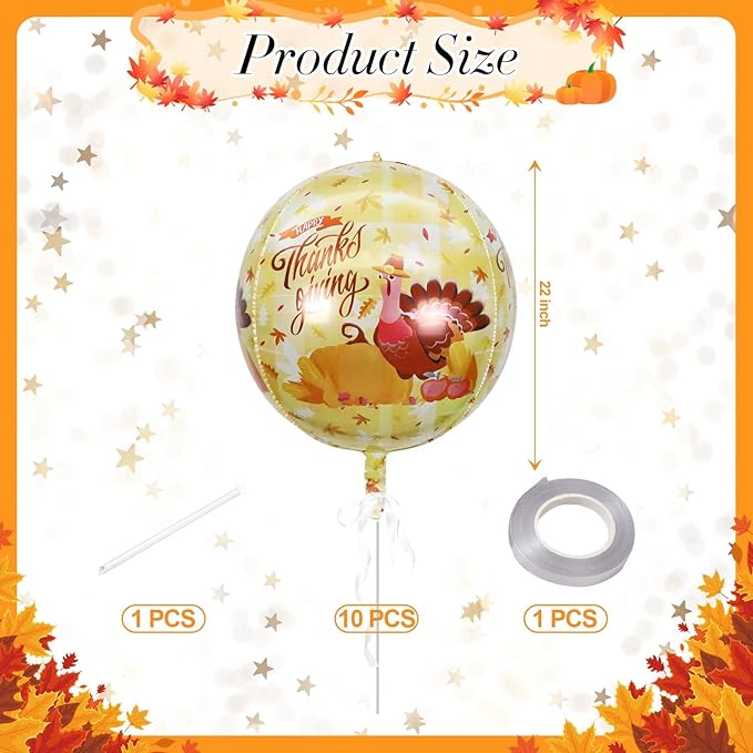 KALOR 22 Inch Thanksgiving Fall Turkey Balloons, 10 Pcs Orange Large 4D Autumn Foil Balloon for Thanksgiving Party Decorations Supplies